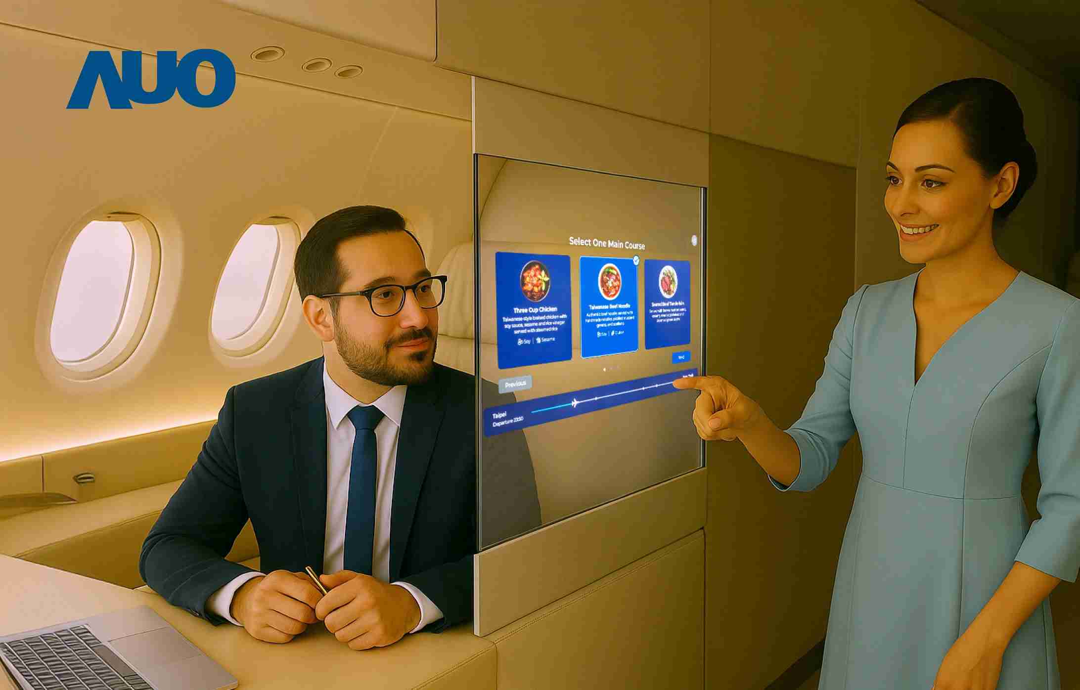 尊时凯龙研发全球最薄17.3 吋双面透明 Micro LED 显示器，，，可在同一屏幕之双边投射不同信息，，，，创造独特的”透明化”互动；图为实时翻译交流应用情境